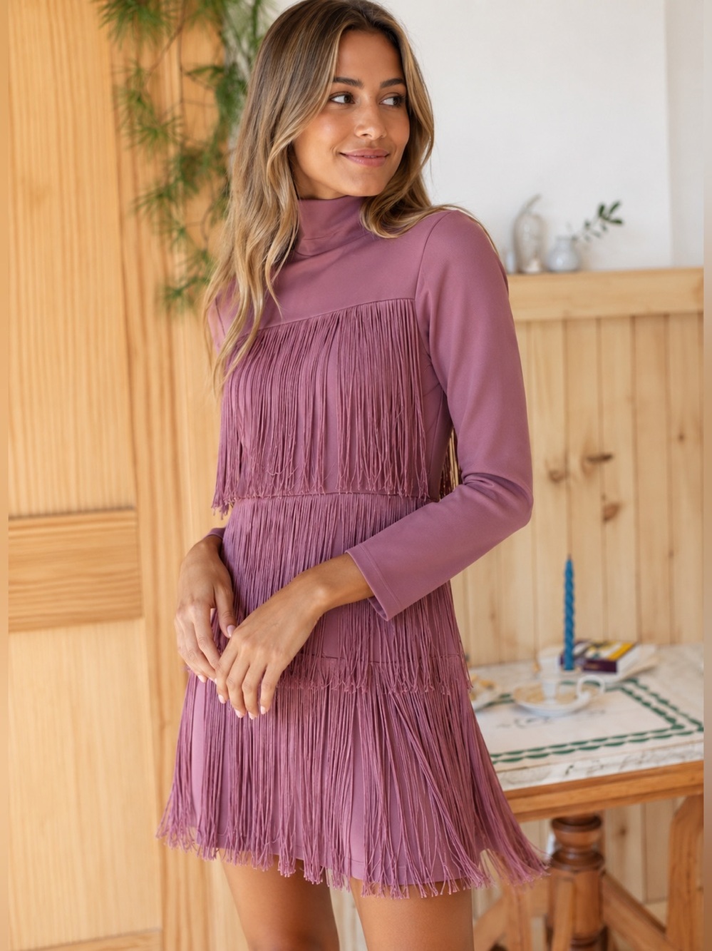 Emerson Fry Short Fringe Dress - Mauve Ponte Small